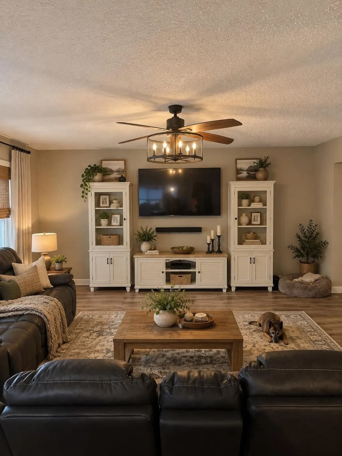 Living room remodel concept at a $25K budget (renovate), modern farmhouse style, created by Renovue from the original photo