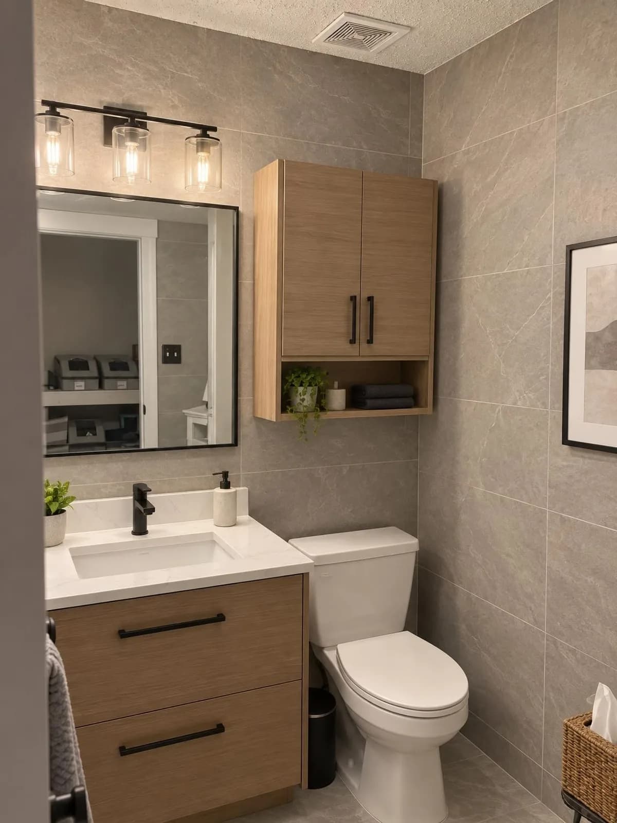 Bathroom remodel concept at a $50K budget (transform), modern style, created by Renovue from the original photo