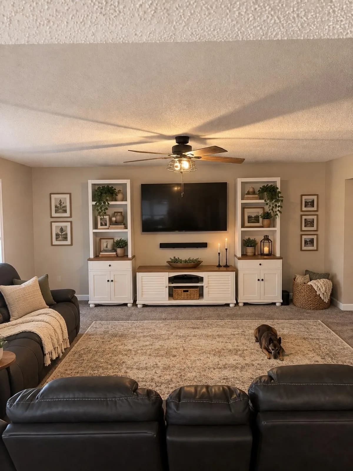 Living room remodel concept at a $15K budget (refresh), modern farmhouse style, created by Renovue from the original photo