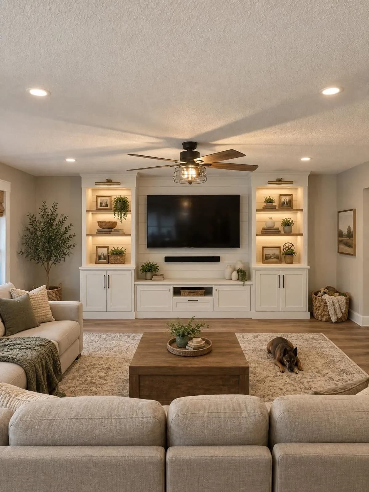 Living room remodel concept at a $50K budget (transform), modern farmhouse style, created by Renovue from the original photo
